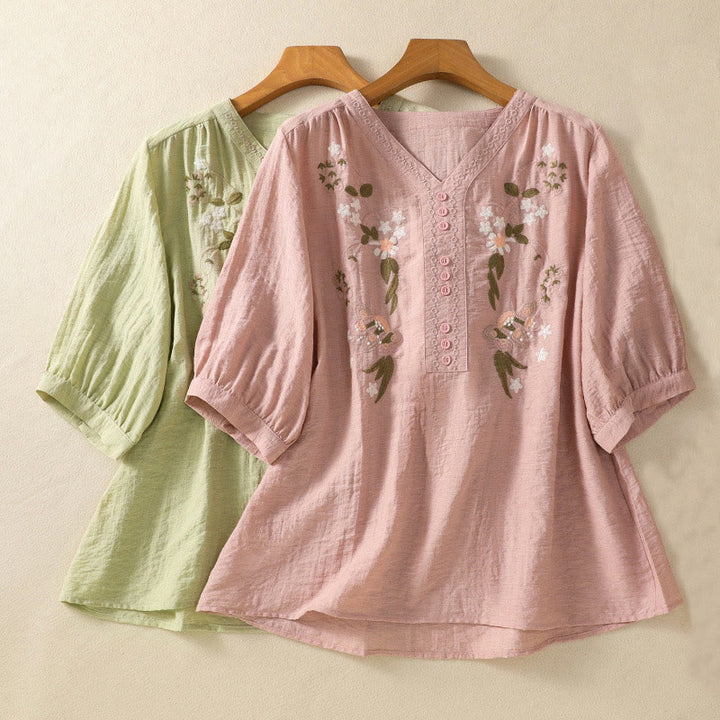 Chemise col V en coton pour femme avec broderies de Buddha Stones - image 20
