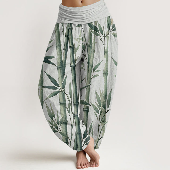 Pantalon sarouel décontracté en pur coton avec motif feuilles de bambou et Buddha Stones pour femme, taille élastique