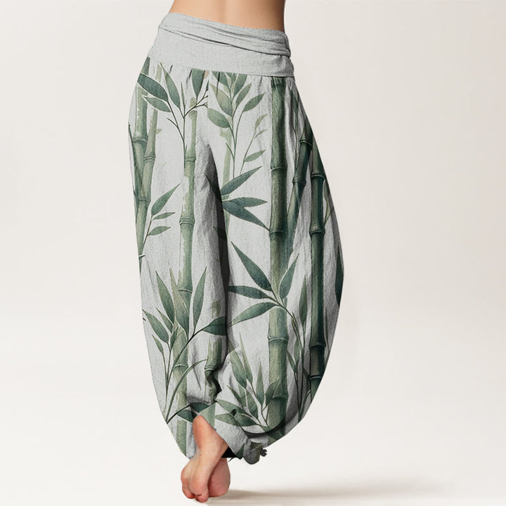 Pantalon sarouel décontracté en pur coton avec motif feuilles de bambou et Buddha Stones pour femme, taille élastique