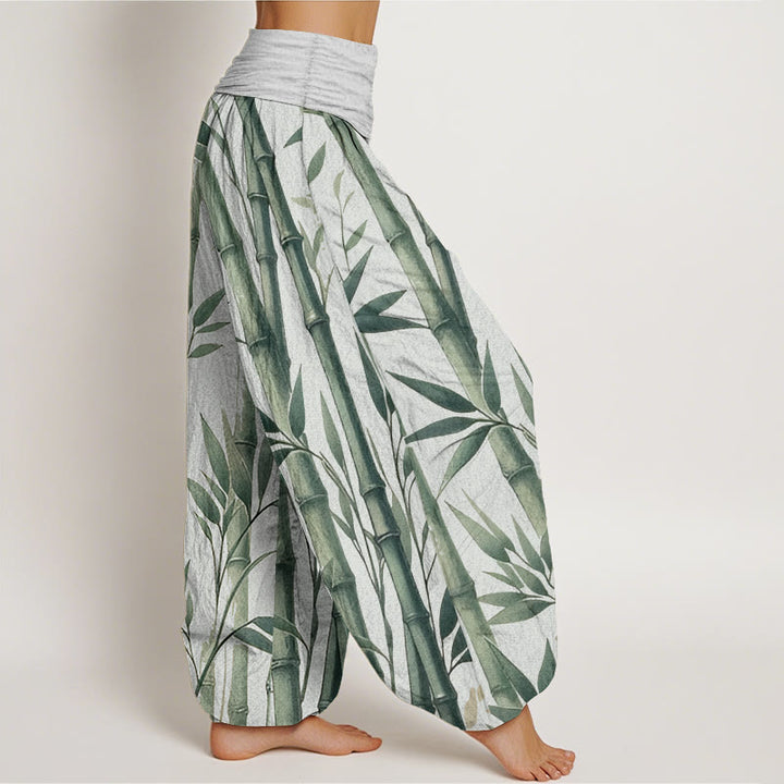 Pantalon sarouel décontracté en pur coton avec motif feuilles de bambou et Buddha Stones pour femme, taille élastique