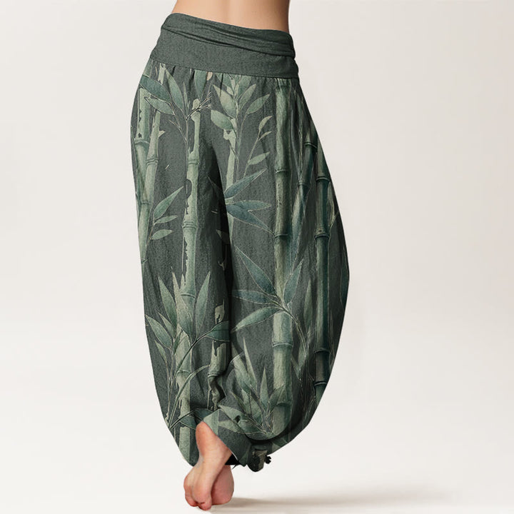 Pantalon sarouel décontracté en pur coton avec motif feuilles de bambou et Buddha Stones pour femme, taille élastique