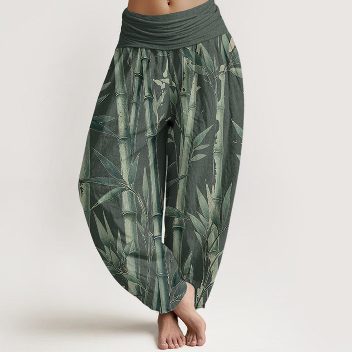 Pantalon sarouel décontracté en pur coton avec motif feuilles de bambou et Buddha Stones pour femme, taille élastique