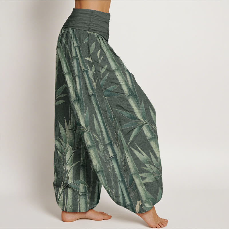 Pantalon sarouel décontracté en pur coton avec motif feuilles de bambou et Buddha Stones pour femme, taille élastique