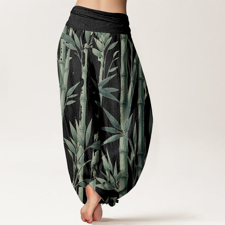 Pantalon sarouel décontracté en pur coton avec motif feuilles de bambou et Buddha Stones pour femme, taille élastique