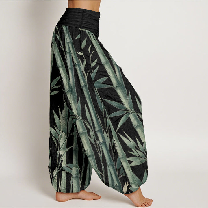 Pantalon sarouel décontracté en pur coton avec motif feuilles de bambou et Buddha Stones pour femme, taille élastique