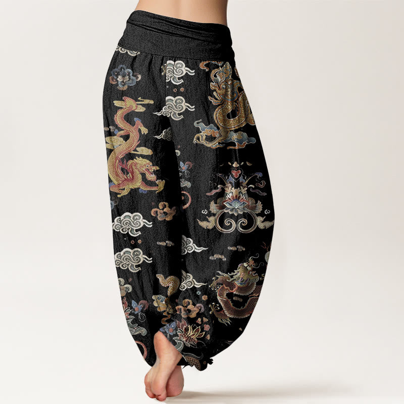 Pantalon Buddha Stones à taille élastique pour femme, en pur coton, motif dragons dorés et nuages de bon augure - image 1