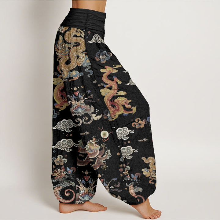 Pantalon Buddha Stones à taille élastique pour femme, en pur coton, motif dragons dorés et nuages de bon augure