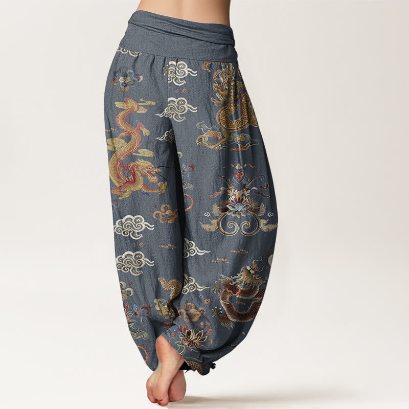 Pantalon Buddha Stones à taille élastique pour femme, en pur coton, motif dragons dorés et nuages de bon augure
