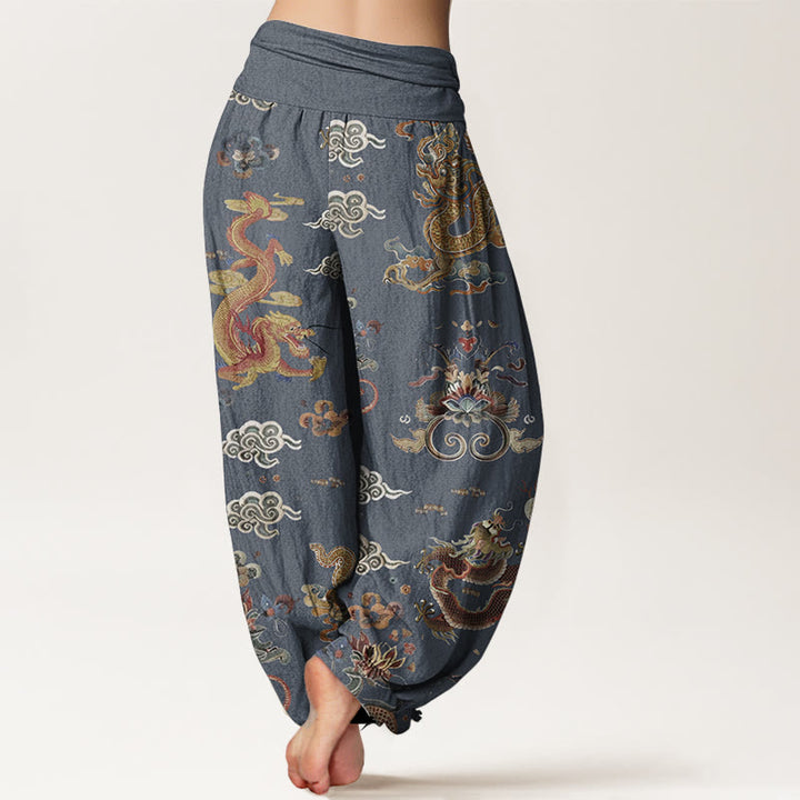 Pantalon Buddha Stones à taille élastique pour femme, en pur coton, motif dragons dorés et nuages de bon augure