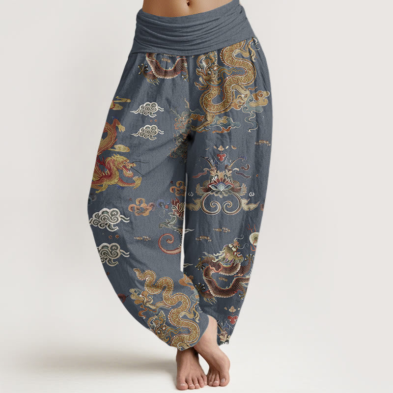 Pantalon Buddha Stones à taille élastique pour femme, en pur coton, motif dragons dorés et nuages de bon augure