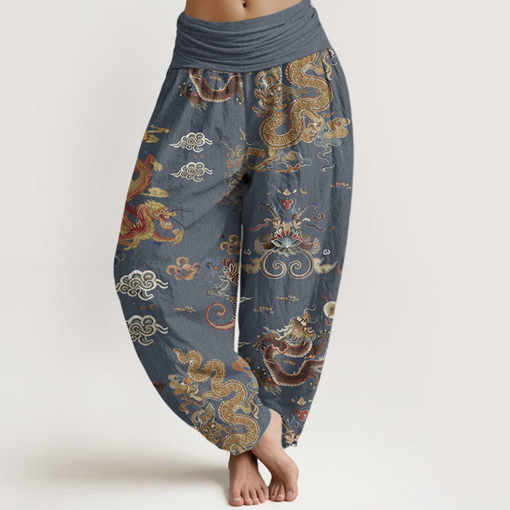 Pantalon Buddha Stones à taille élastique pour femme, en pur coton, motif dragons dorés et nuages de bon augure