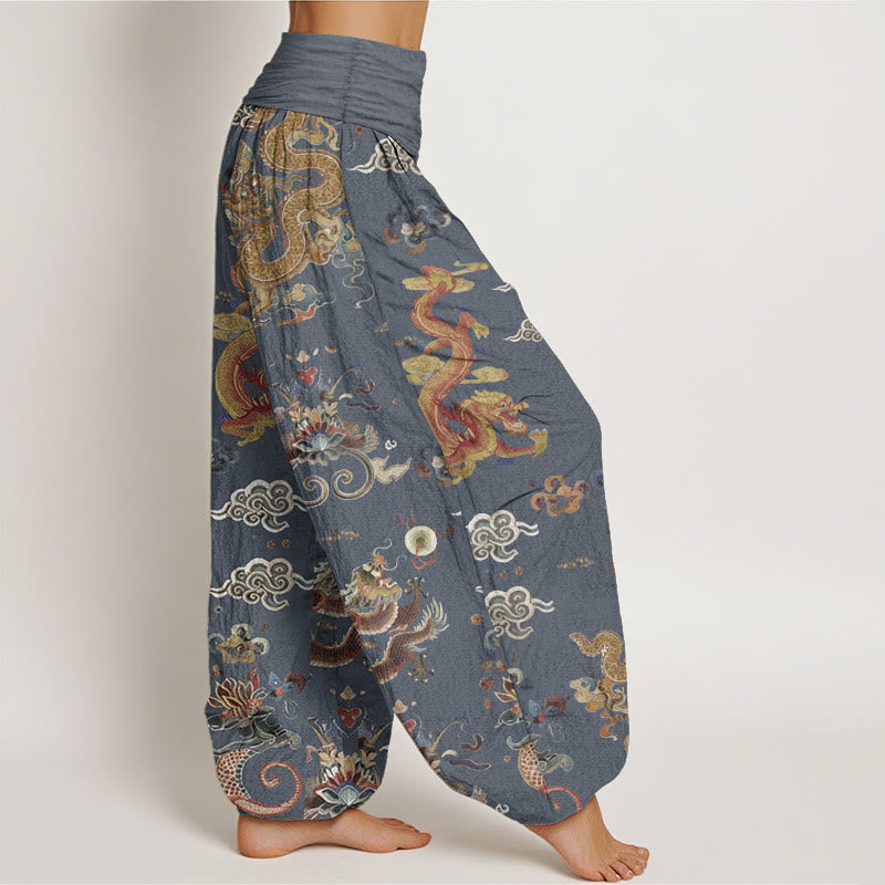 Pantalon Buddha Stones à taille élastique pour femme, en pur coton, motif dragons dorés et nuages de bon augure