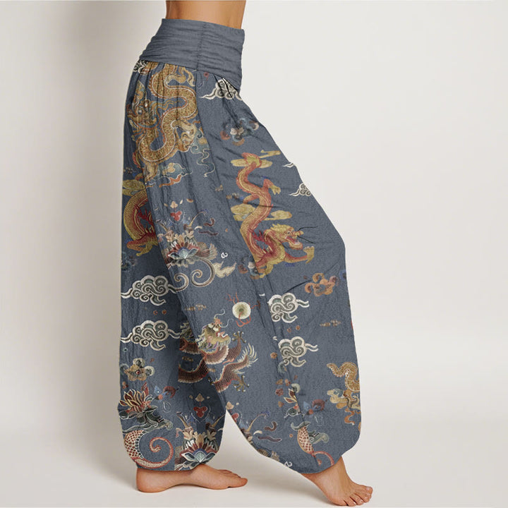 Pantalon Buddha Stones à taille élastique pour femme, en pur coton, motif dragons dorés et nuages de bon augure