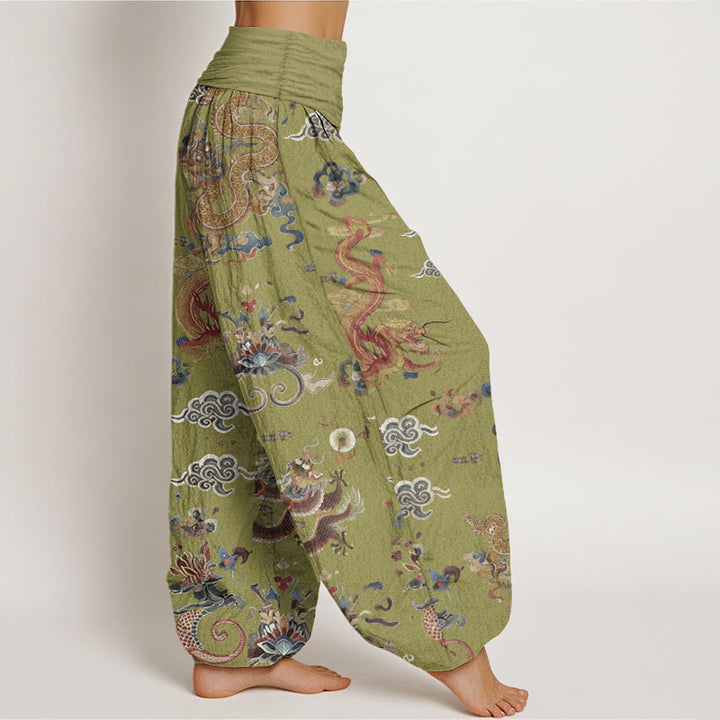 Pantalon Buddha Stones à taille élastique pour femme, en pur coton, motif dragons dorés et nuages de bon augure