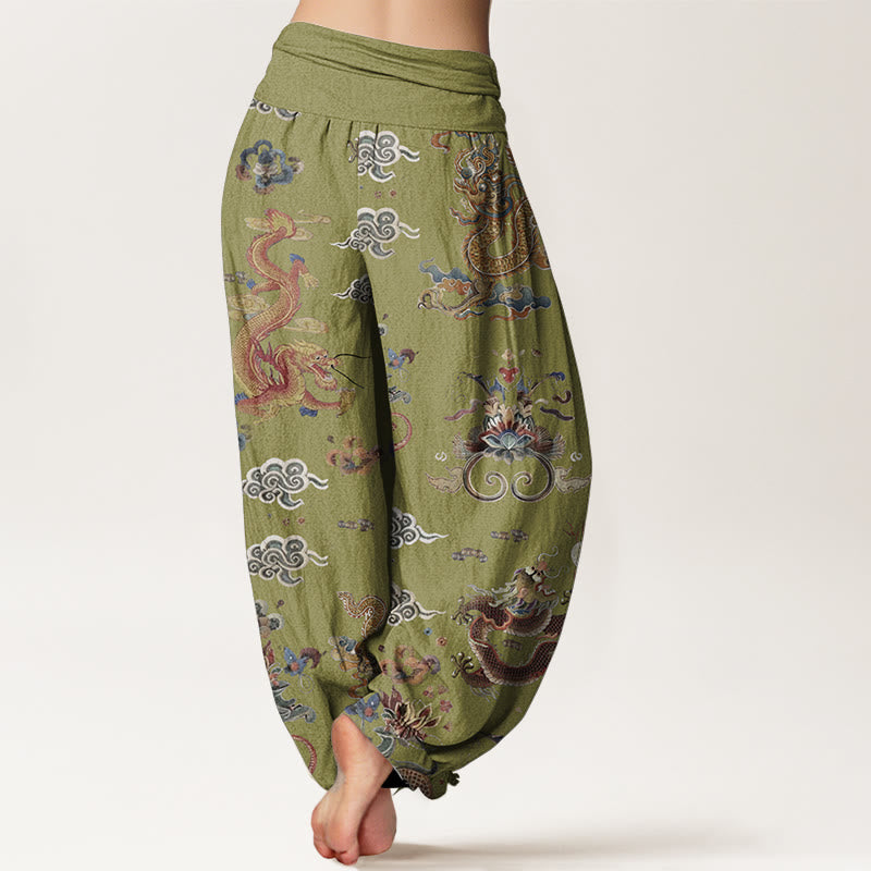 Pantalon Buddha Stones à taille élastique pour femme, en pur coton, motif dragons dorés et nuages de bon augure - image 10