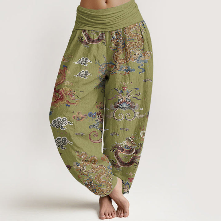 Pantalon Buddha Stones à taille élastique pour femme, en pur coton, motif dragons dorés et nuages de bon augure