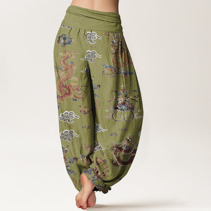 Pantalon Buddha Stones à taille élastique pour femme, en pur coton, motif dragons dorés et nuages de bon augure