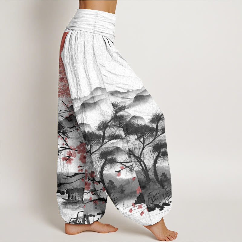 Pantalon sarouel décontracté en pur coton avec Buddha Stones , motif fleurs de prunier rouges, montagnes et soleil, taille élastique pour femme