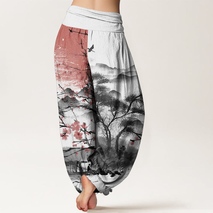 Pantalon sarouel décontracté en pur coton avec Buddha Stones , motif fleurs de prunier rouges, montagnes et soleil, taille élastique pour femme