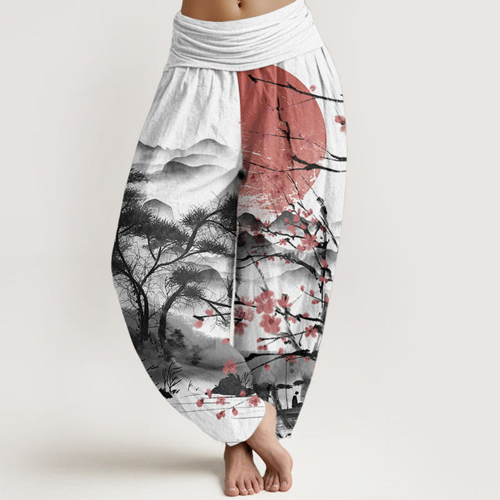 Pantalon sarouel décontracté en pur coton avec Buddha Stones , motif fleurs de prunier rouges, montagnes et soleil, taille élastique pour femme