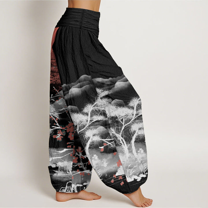 Pantalon sarouel décontracté en pur coton avec Buddha Stones , motif fleurs de prunier rouges, montagnes et soleil, taille élastique pour femme