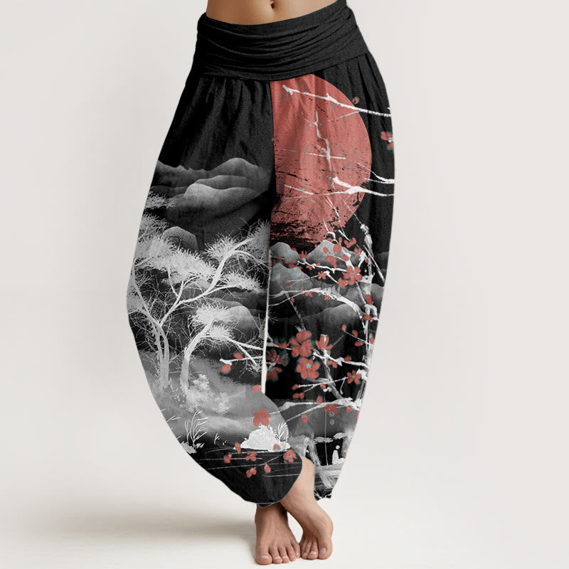 Pantalon sarouel décontracté en pur coton avec Buddha Stones , motif fleurs de prunier rouges, montagnes et soleil, taille élastique pour femme