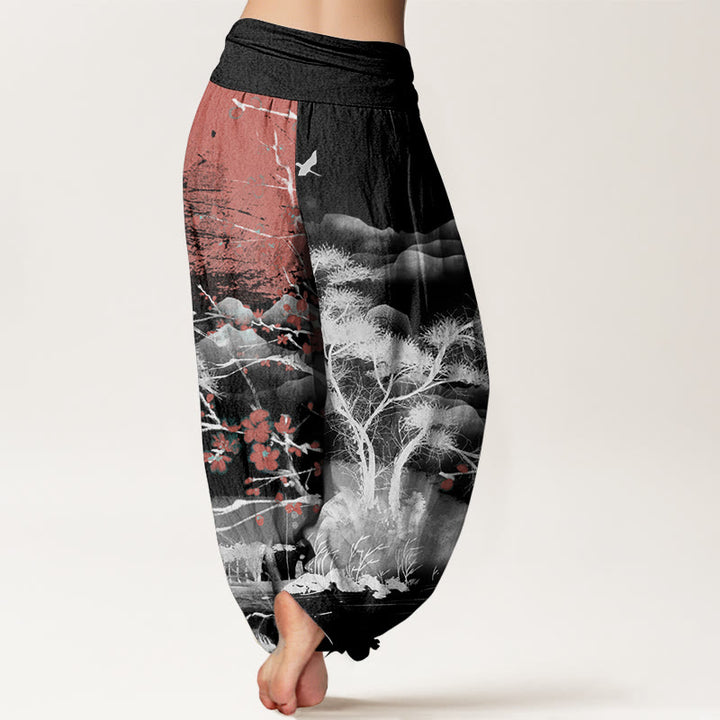 Pantalon sarouel décontracté en pur coton avec Buddha Stones , motif fleurs de prunier rouges, montagnes et soleil, taille élastique pour femme