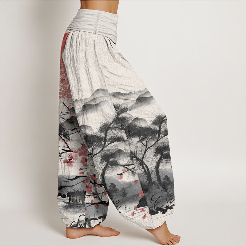 Pantalon sarouel décontracté en pur coton avec Buddha Stones , motif fleurs de prunier rouges, montagnes et soleil, taille élastique pour femme