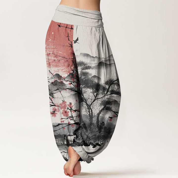 Pantalon sarouel décontracté en pur coton avec Buddha Stones , motif fleurs de prunier rouges, montagnes et soleil, taille élastique pour femme