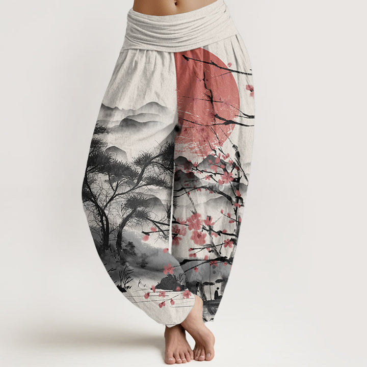 Pantalon sarouel décontracté en pur coton avec Buddha Stones , motif fleurs de prunier rouges, montagnes et soleil, taille élastique pour femme