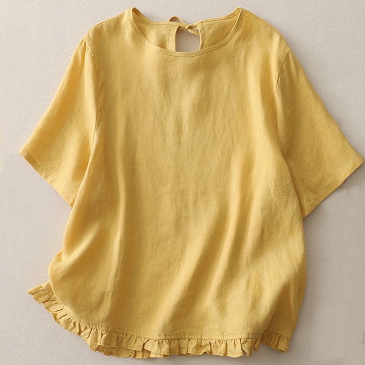 T-shirt décontracté en polyester à col ras du cou et ourlet à volants pour femme avec motif Buddha Stones - Or - US8-10，UK/AU12-14，EU40-42 (2XL) - image 1