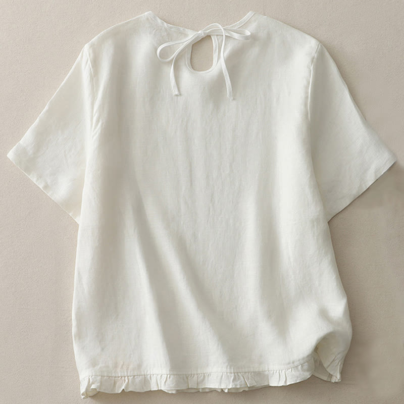 T-shirt décontracté en polyester à col ras du cou et ourlet à volants pour femme avec motif Buddha Stones - Blanc - US8-10，UK/AU12-14，EU40-42 (2XL) - image 6