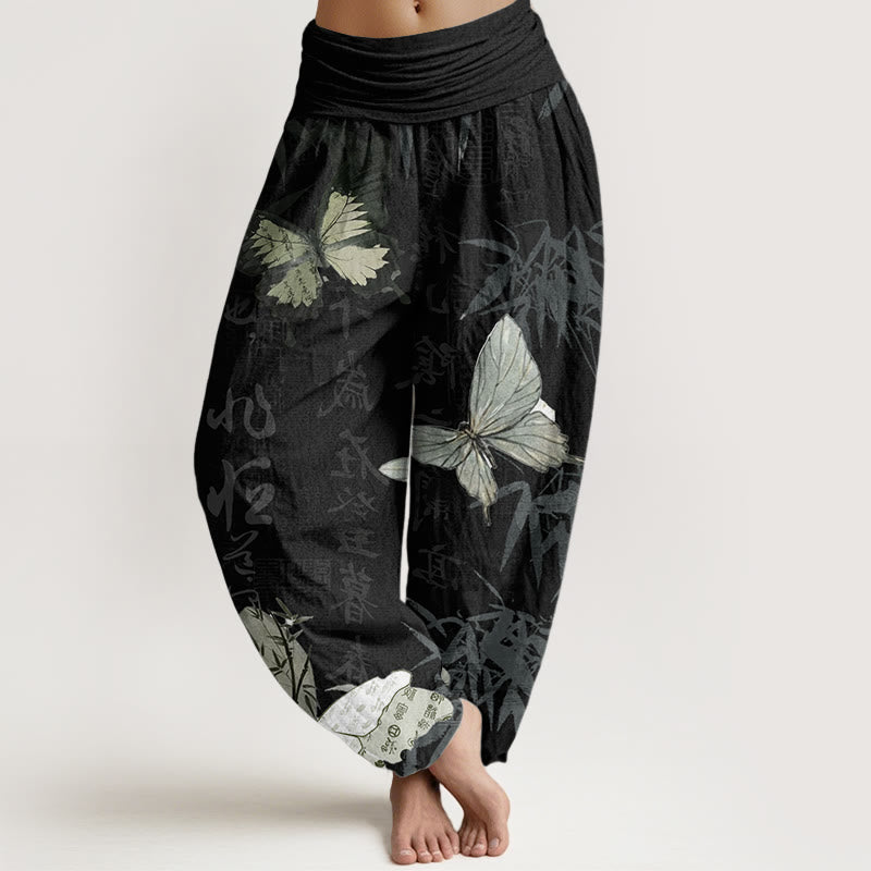 Pantalon Buddha Stones en pur coton avec motif de papillons et de feuilles de bambou, motif de caractères chinois, taille élastique, pour femme - Noir - US22，UK/AU26，EU54 (6XL) - image 0