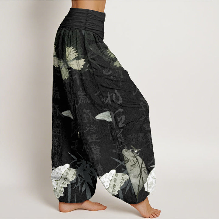 Pantalon Buddha Stones en pur coton avec motif de papillons et de feuilles de bambou, motif de caractères chinois, taille élastique, pour femme - image 2