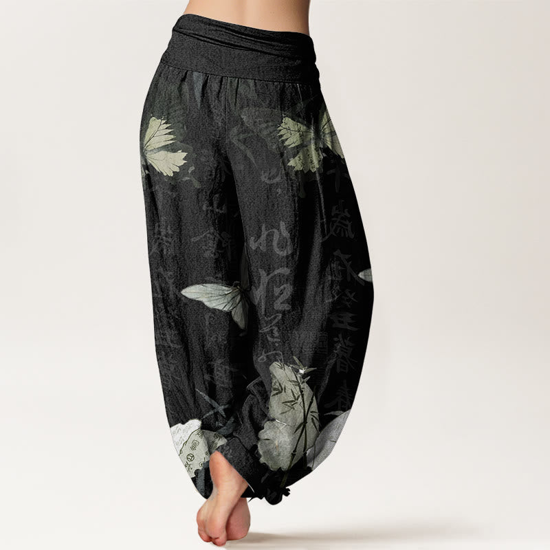 Pantalon Buddha Stones en pur coton avec motif de papillons et de feuilles de bambou, motif de caractères chinois, taille élastique, pour femme - image 1