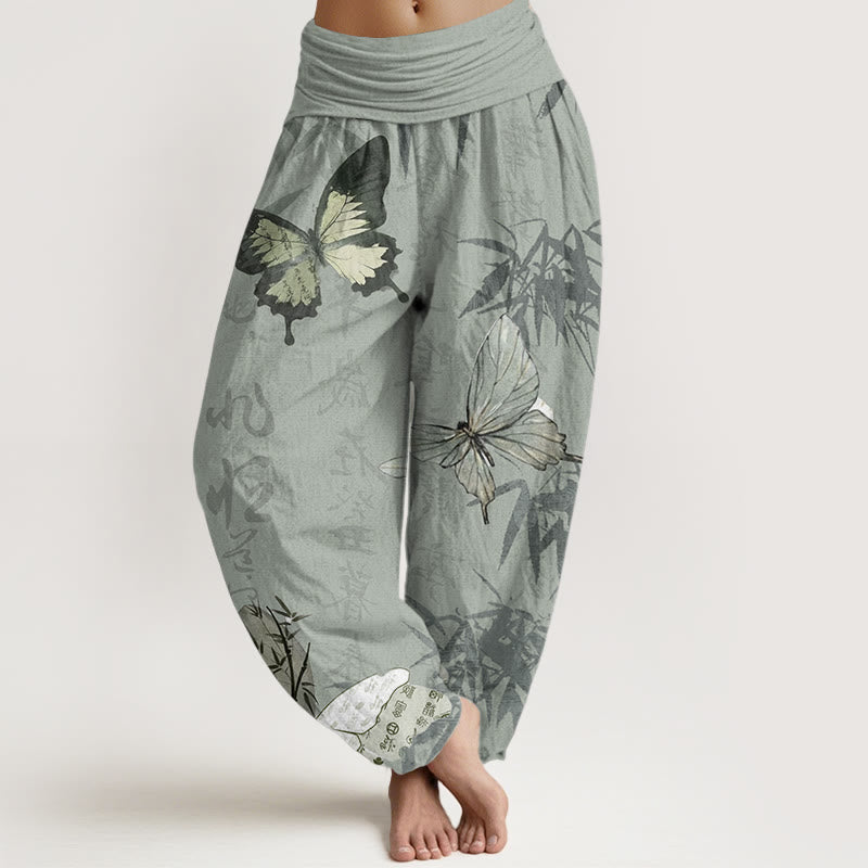 Pantalon Buddha Stones en pur coton avec motif de papillons et de feuilles de bambou, motif de caractères chinois, taille élastique, pour femme