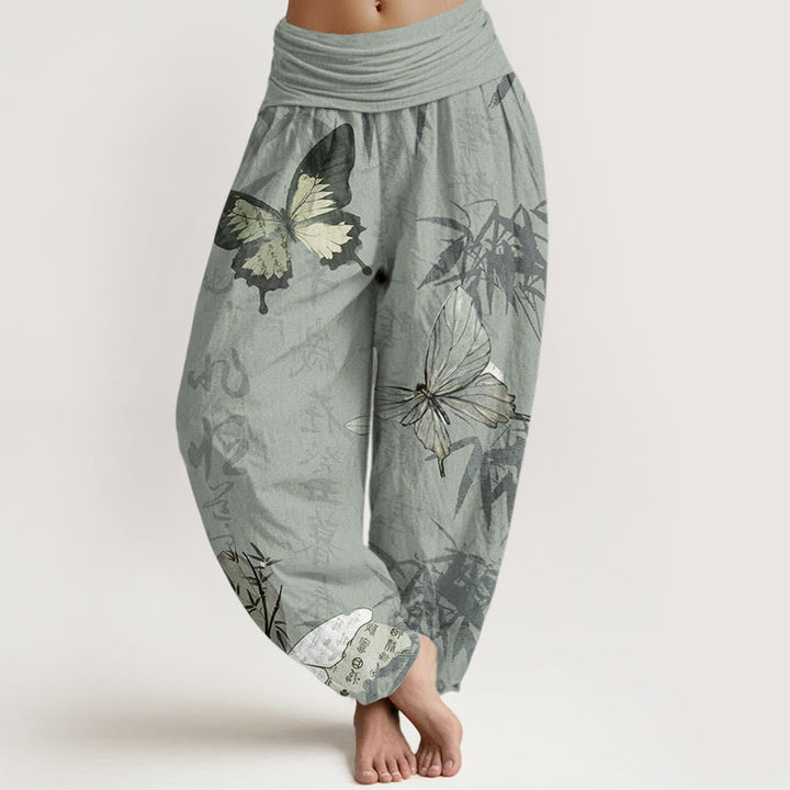 Pantalon Buddha Stones en pur coton avec motif de papillons et de feuilles de bambou, motif de caractères chinois, taille élastique, pour femme