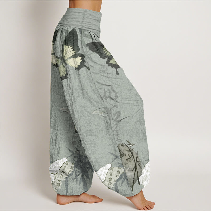 Pantalon Buddha Stones en pur coton avec motif de papillons et de feuilles de bambou, motif de caractères chinois, taille élastique, pour femme
