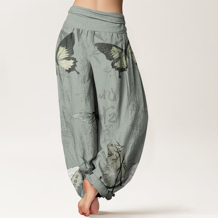 Pantalon Buddha Stones en pur coton avec motif de papillons et de feuilles de bambou, motif de caractères chinois, taille élastique, pour femme