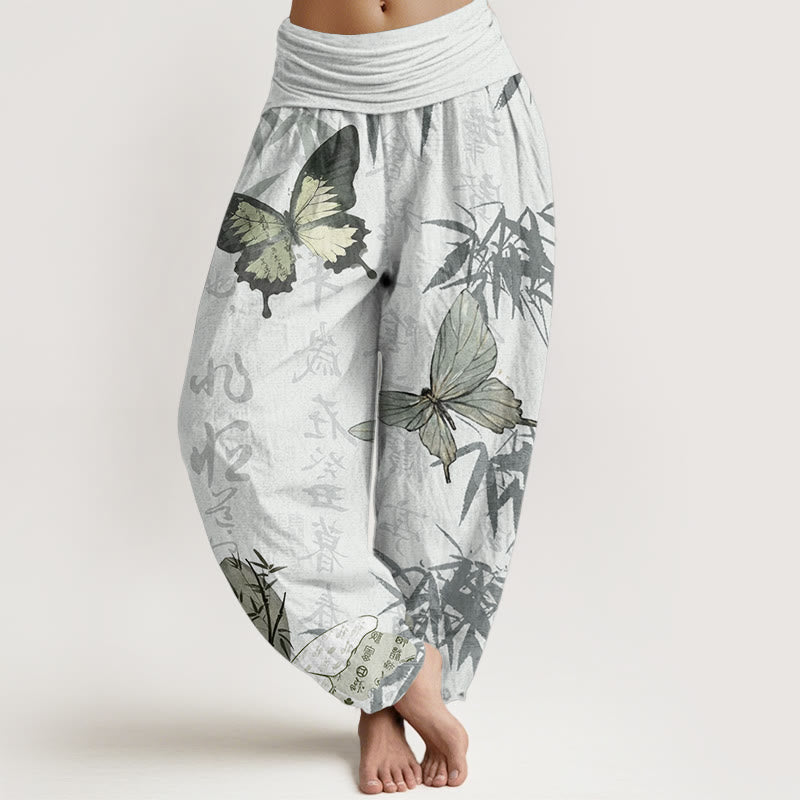 Pantalon Buddha Stones en pur coton avec motif de papillons et de feuilles de bambou, motif de caractères chinois, taille élastique, pour femme