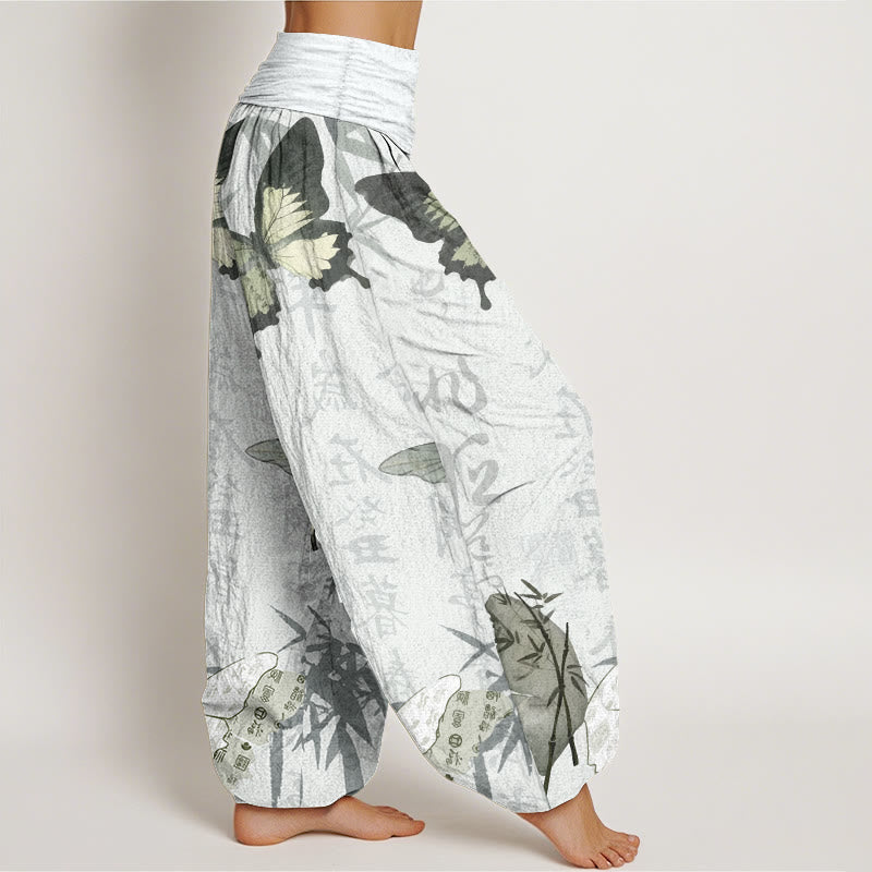 Pantalon Buddha Stones en pur coton avec motif de papillons et de feuilles de bambou, motif de caractères chinois, taille élastique, pour femme