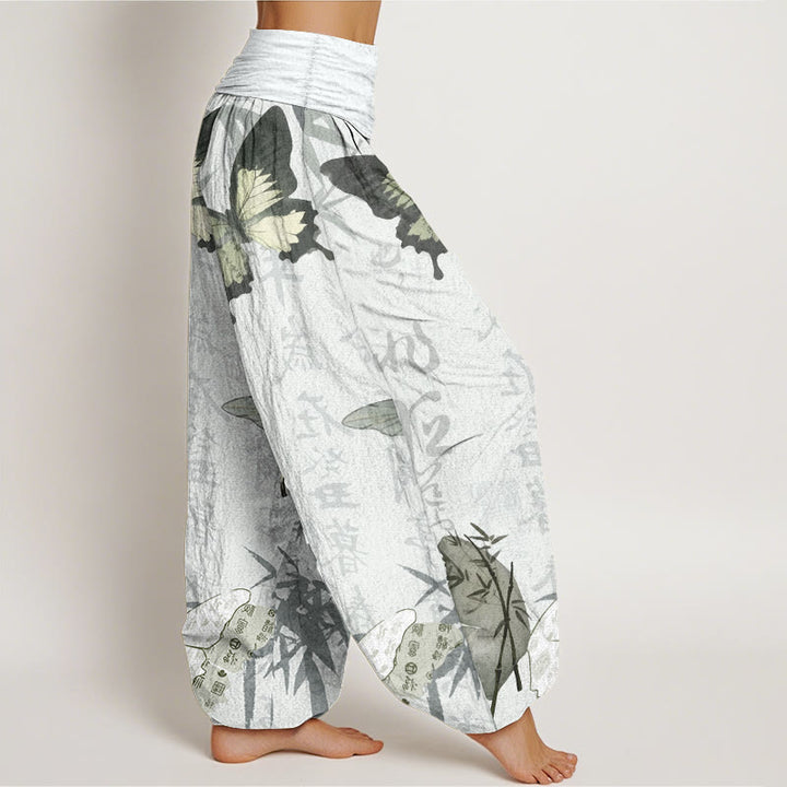 Pantalon Buddha Stones en pur coton avec motif de papillons et de feuilles de bambou, motif de caractères chinois, taille élastique, pour femme - image 11