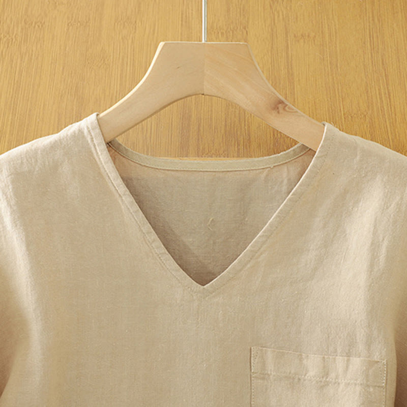 T-shirt décontracté en coton et lin à col en V et poche pour femme Motif Buddha Stones - image 2