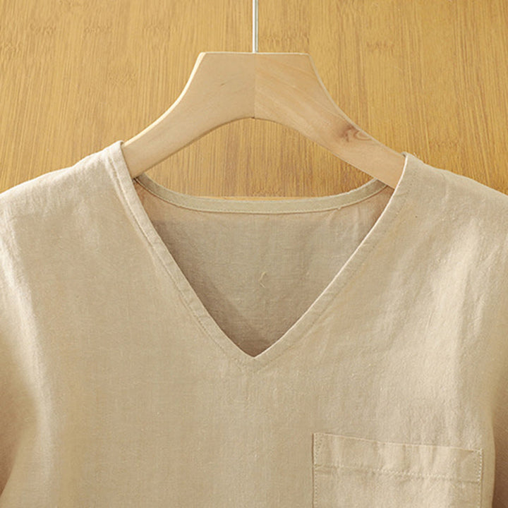 T-shirt décontracté en coton et lin à col en V et poche pour femme Motif Buddha Stones - image 2