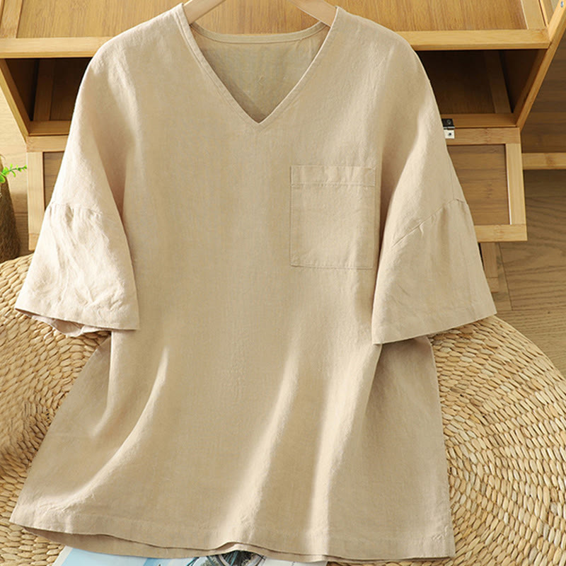 T-shirt décontracté en coton et lin à col en V et poche pour femme Motif Buddha Stones - Blé - US14，UK/AU18，EU46 (2XL) - image 1