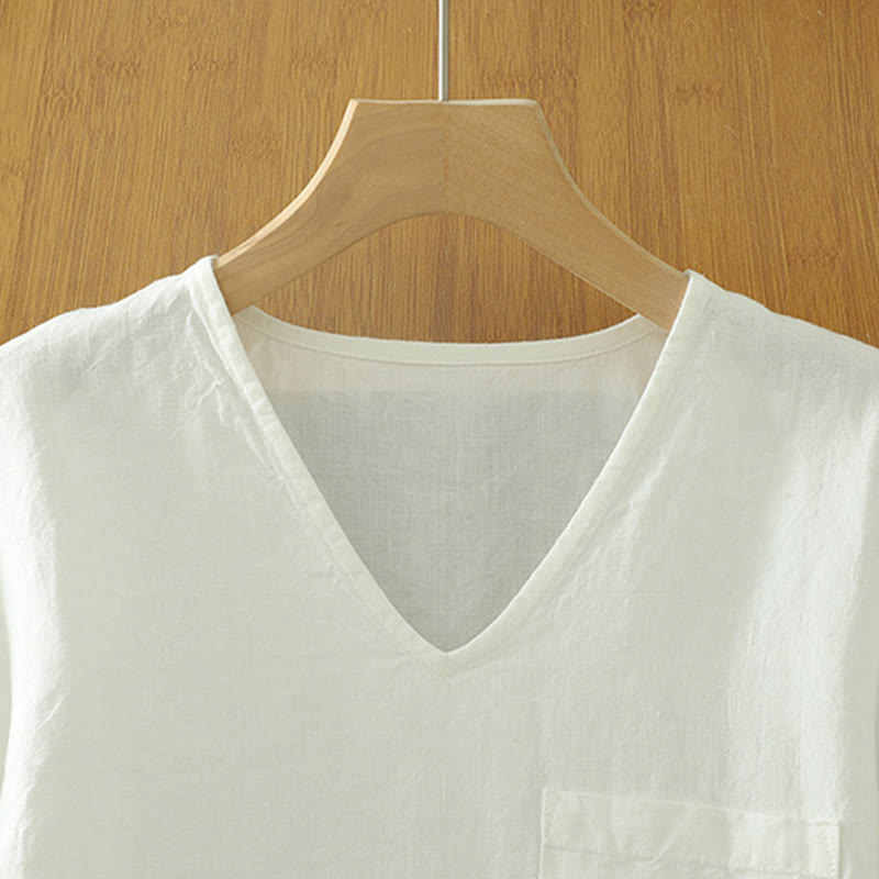 T-shirt décontracté en coton et lin à col en V et poche pour femme Motif Buddha Stones - image 8