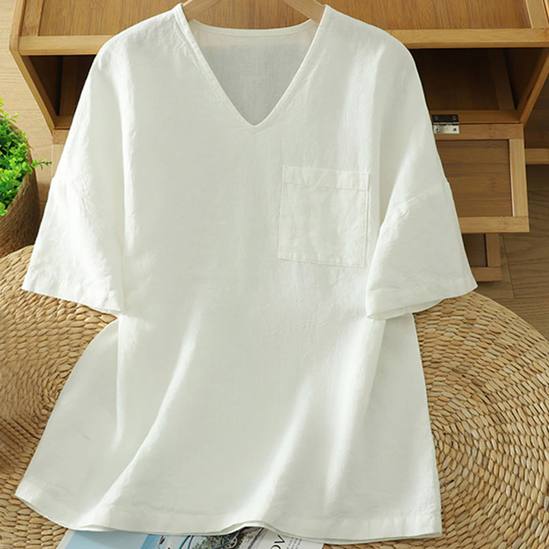 T-shirt décontracté en coton et lin à col en V et poche pour femme Motif Buddha Stones - Blanc - US14，UK/AU18，EU46 (2XL) - image 6