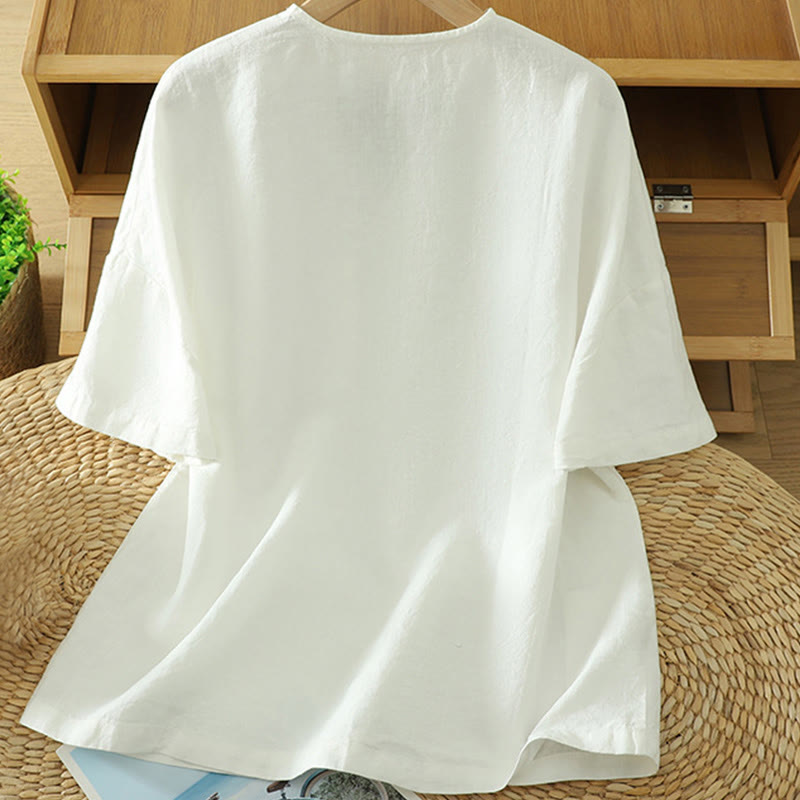 T-shirt décontracté en coton et lin à col en V et poche pour femme Motif Buddha Stones - image 7
