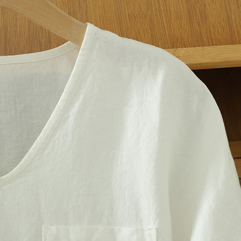 T-shirt décontracté en coton et lin à col en V et poche pour femme Motif Buddha Stones - image 14