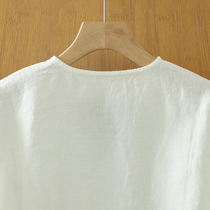 T-shirt décontracté en coton et lin à col en V et poche pour femme Motif Buddha Stones - image 9
